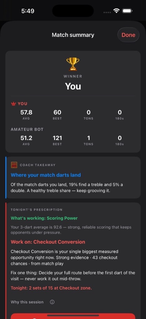 Match summary screen showing averages, best turn, tons, and a post-match prescription